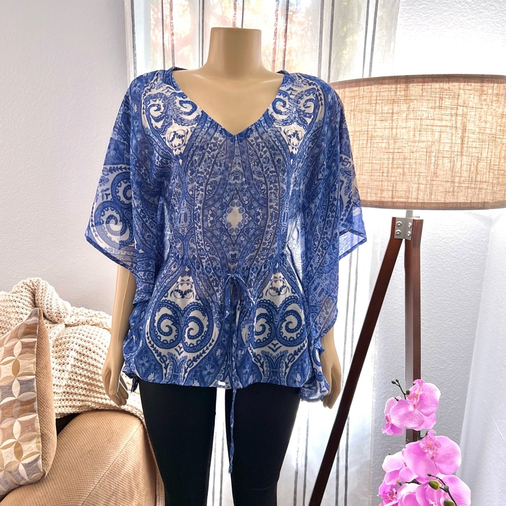 Blue And White J Lo Flutter Sleeve Kimono Sheer Top Floral Size XS